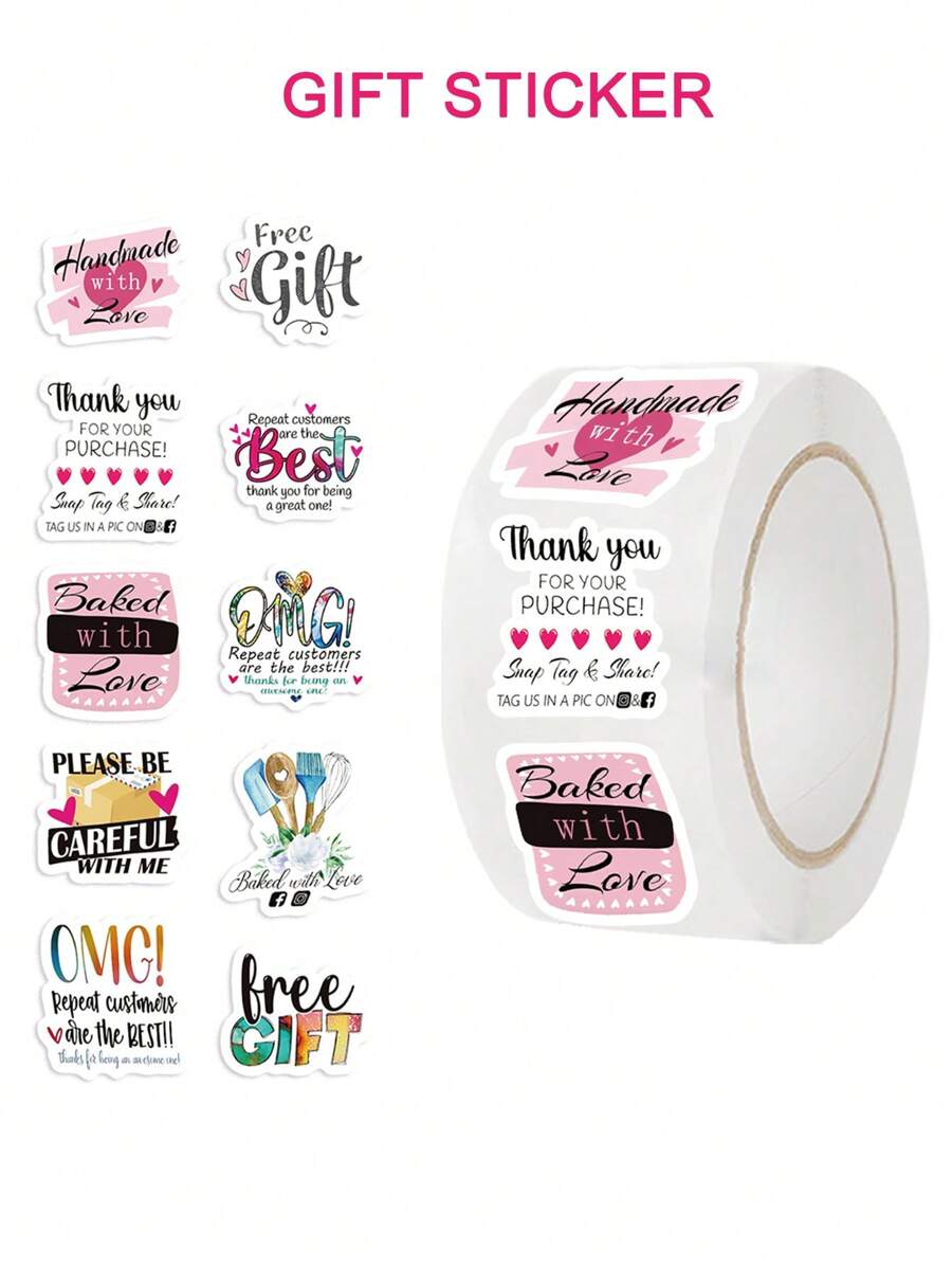 SCXXBSW Rollo de 500 unidades de pegatinas con temática de regalos en inglés, pegatinas para maestros, pegatinas decorativas para niños, pegatinas blancas, pegatinas para fiestas, decoración de papelería de oficina