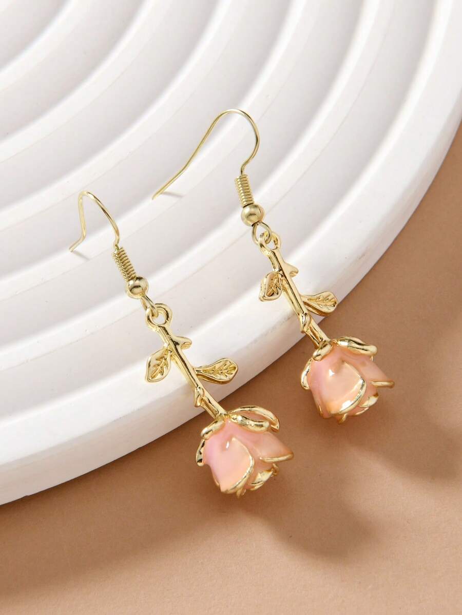 1 Pair Handmade Rose Flower Elegant Lightweight Resin Vacation Style Earrings For Women, Suitable For Valentine's Day Gift, Everyday Wear (Pink/Black/Red/White)