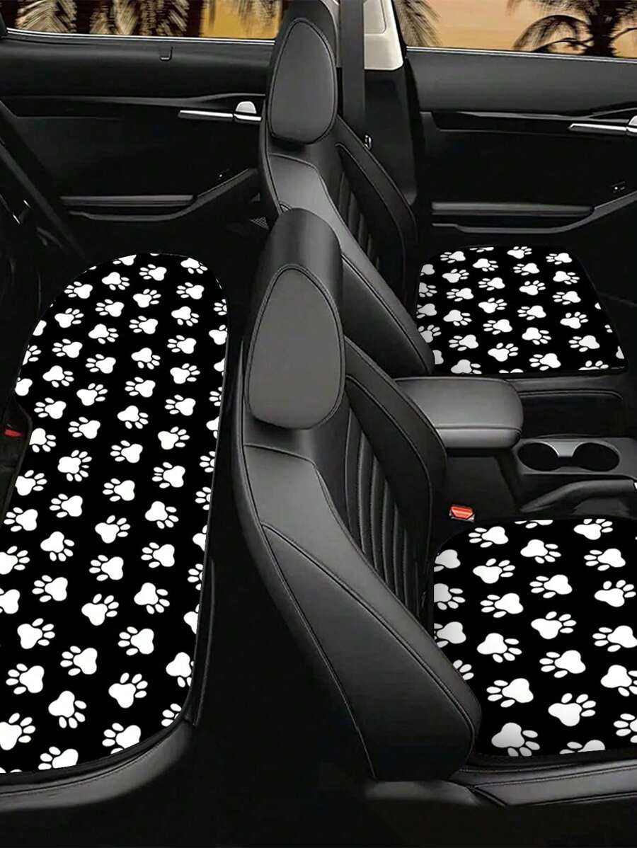 3pcs/Set Distinctive Black & White Dog Paw Print Car Seat Covers, Front & Rear Seat Protector Sets, Car Interior Accessories
