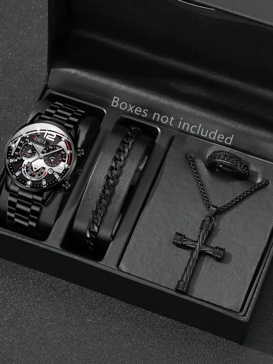 4-teiliges Herren Schmuckset mit schwarzem Armband, modische Lässig Uhr mit gemischter Skala und Kalender, Quarzuhrwerk, Armband, Halskette, Ring, geeignet für tägliche Dekoration oder als Urlaubsgeschenk