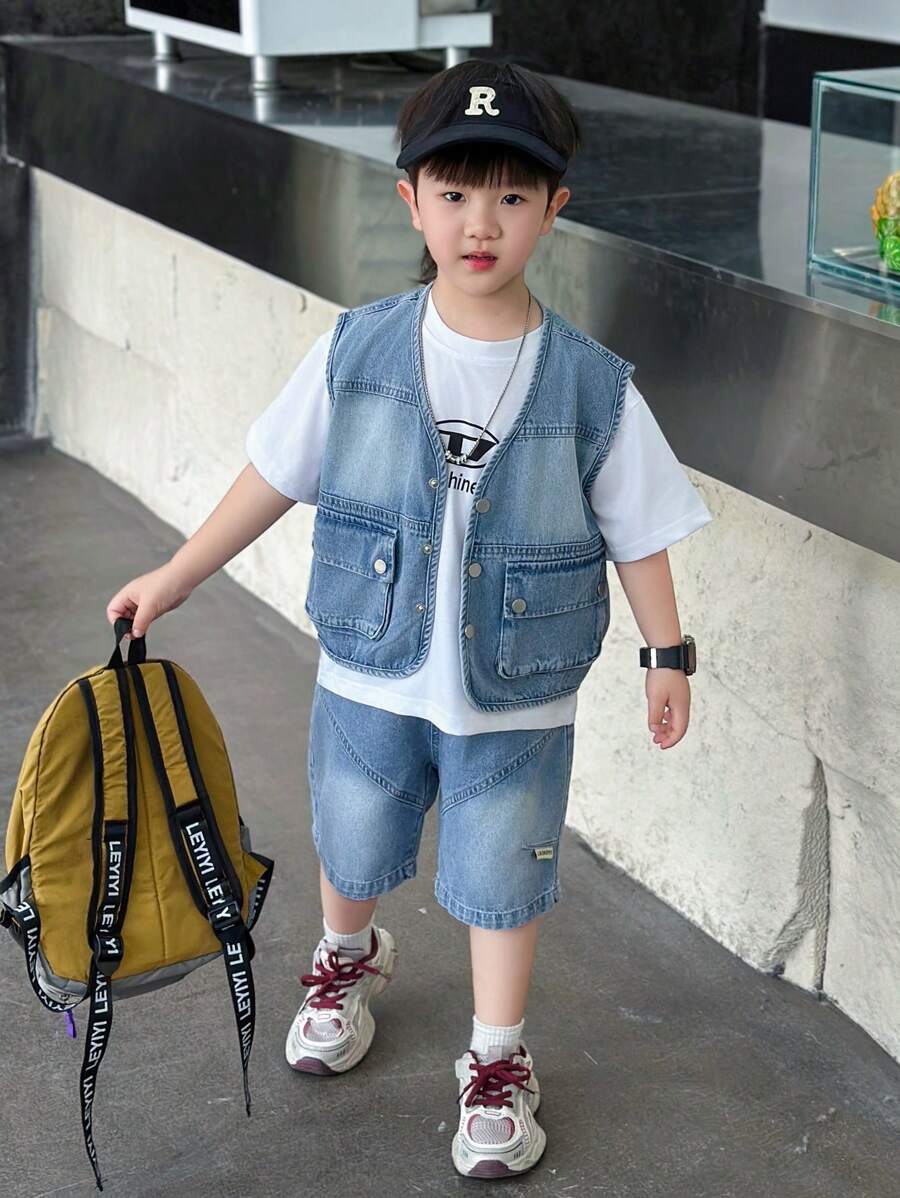 2pcs/Set Toddler Boys' Denim Vest And Shorts Set, Summer