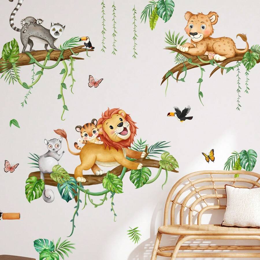 2pcs Forest Animal Numeric Lion & Leopard Wall Decal, Decorative For Kids Room & Nursery Wall Decor Room Decor Stickers Wall Stickers Wall Sticker
