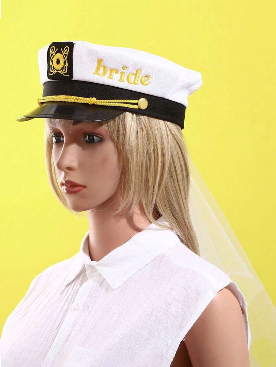 2pcs Bride Wedding Hats, Bridal Veil, Sailor Cap For Party And Celebrations
