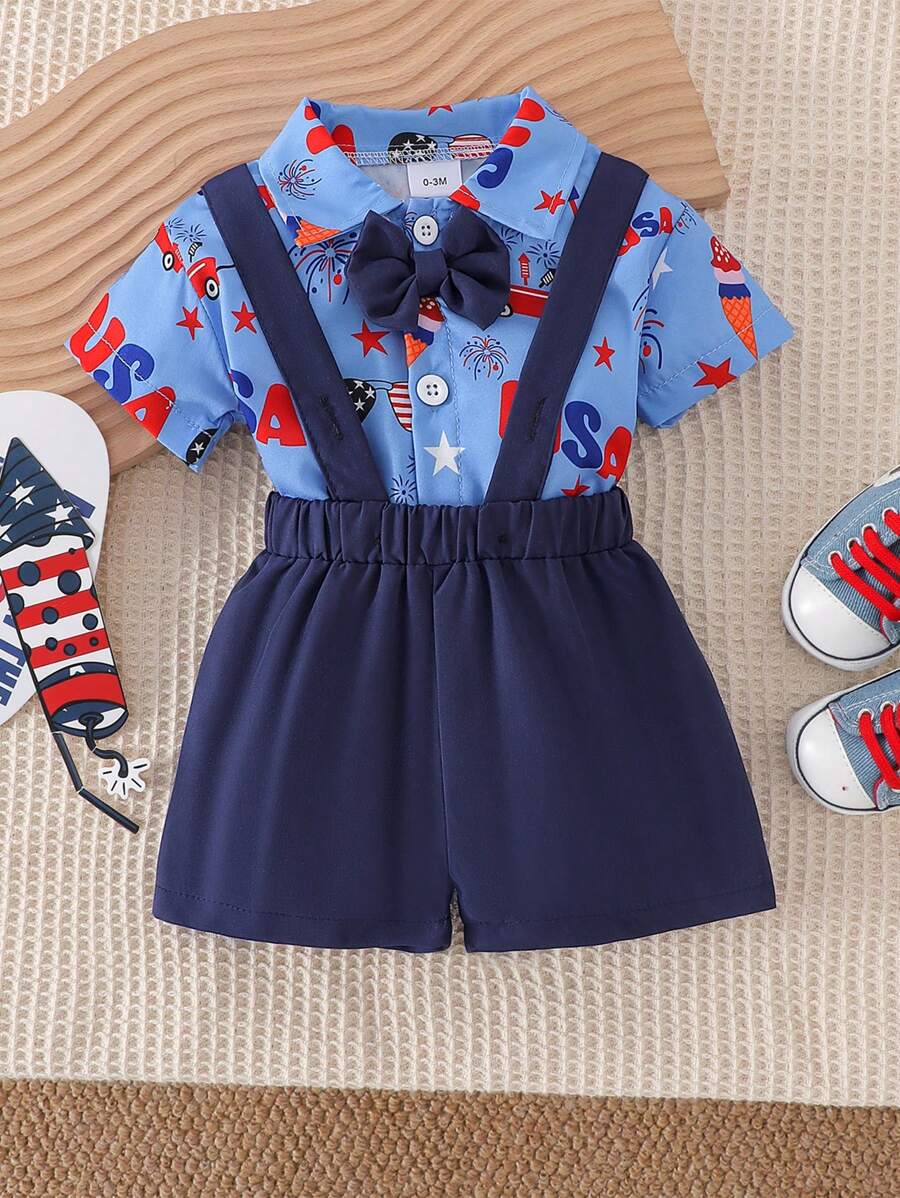 2pcs Baby Boy (Toddler) Casual Short Sleeve Shirt Romper + Bib Shorts Set, Lightweight Summer Outfit