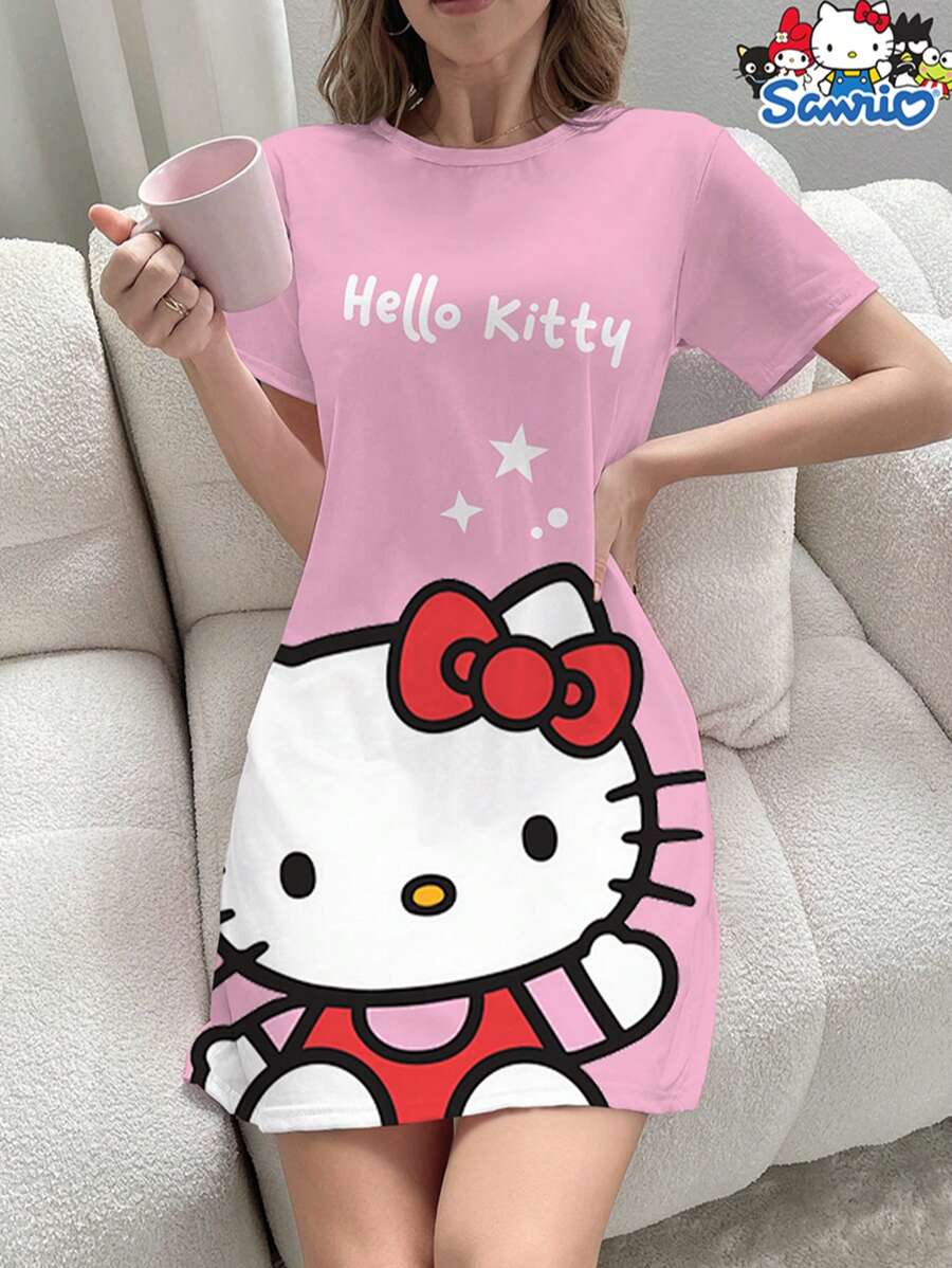Sanrio Sanrio Hello Kitty Cartoon Print Short Sleeve Nightgown, Casual & Comfortable Summer Sleepwear Dress