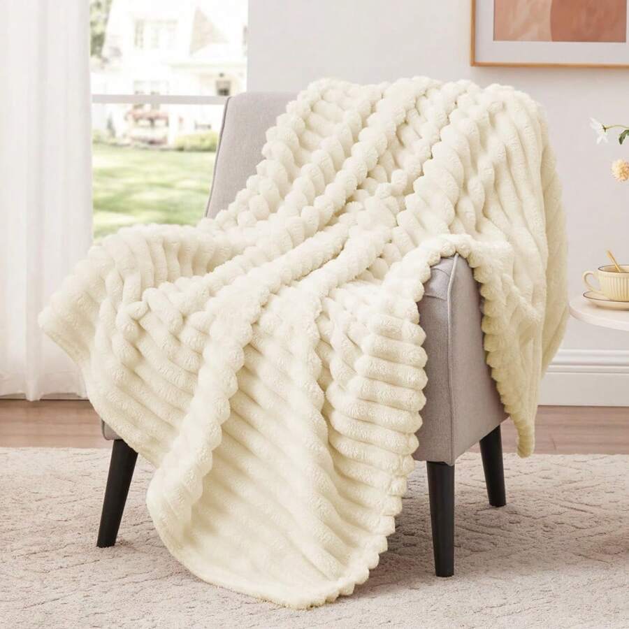 Deluxe Cream Colored Flannel Throw Blanket - Soft, Warm And Cozy Faux Fur With Horizontal Stripes, Suitable For Office, Living Room Or Bedroom, Adorable Blanket