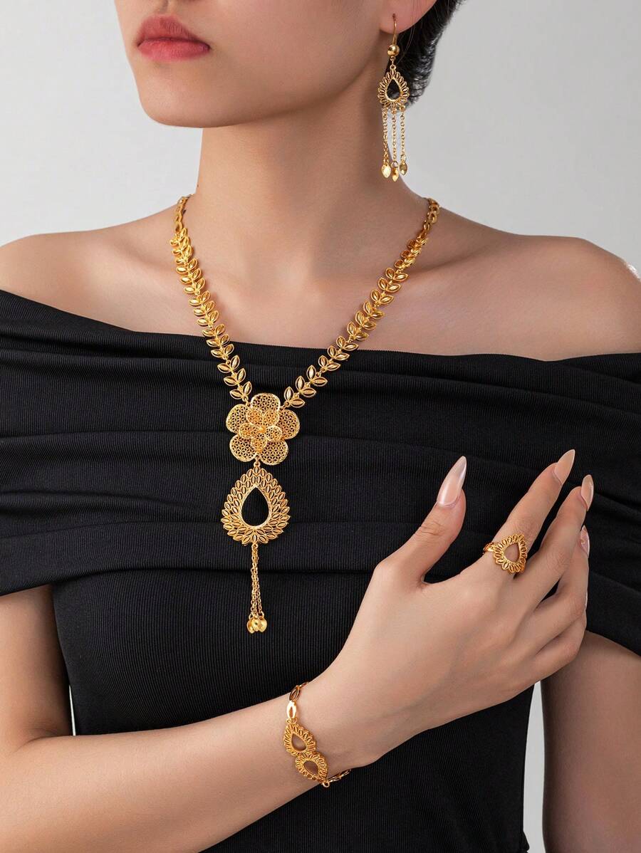 4 pièces/set Bijoux de mode pour femmes à ton doré de Dubaï, en alliage de cuivre 24 carats, collier, accessoires du Moyen-Orient