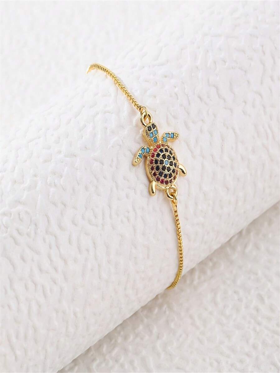 1pc European And American Personalized Sea Turtle Detail Cubic Zirconia Decor Pull Cord Bracelet