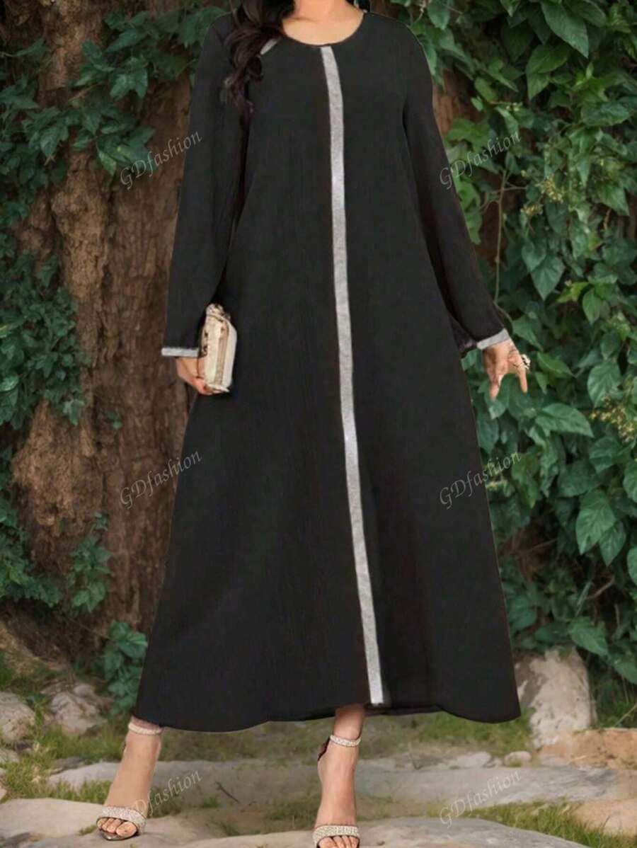 Fashion Women's Black Round Neck Sequin Decoration Elegant Long Loose Arabian Robe