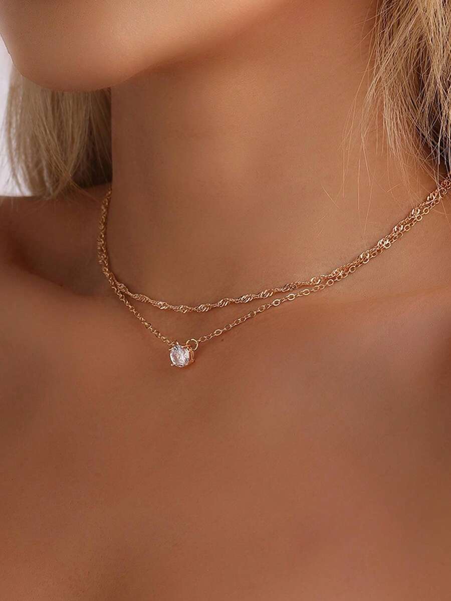 1pc Rhinestone Decorated Water Wave Chain Necklace, Versatile Long Choker Necklace, Simple Gold-Color CZ Diamond Dainty Necklace, Gift For Women