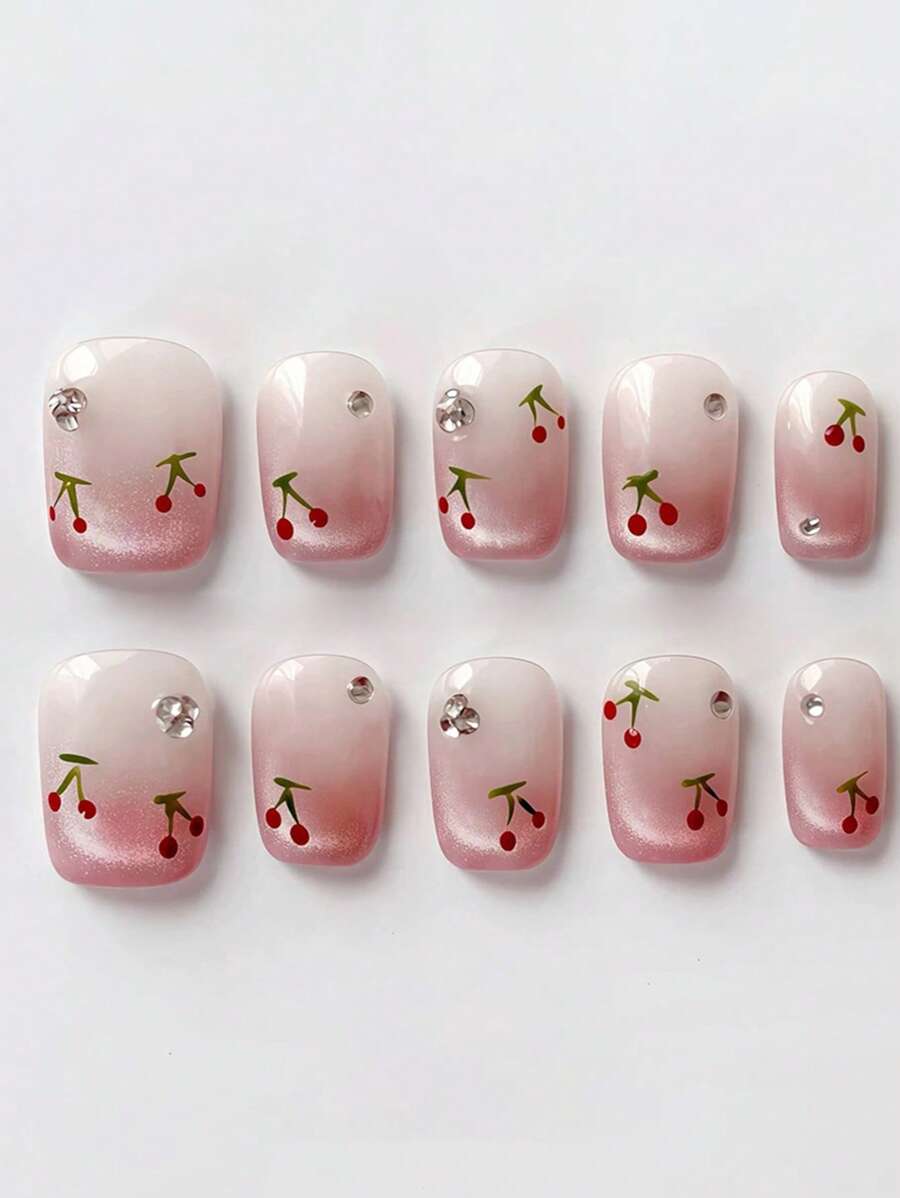 10pcs Cute Handmade Cherry Cat Eye Nail Tips With 3D Diamond Gradient, Handcrafted Soft And Delicate Nail Art Accessory