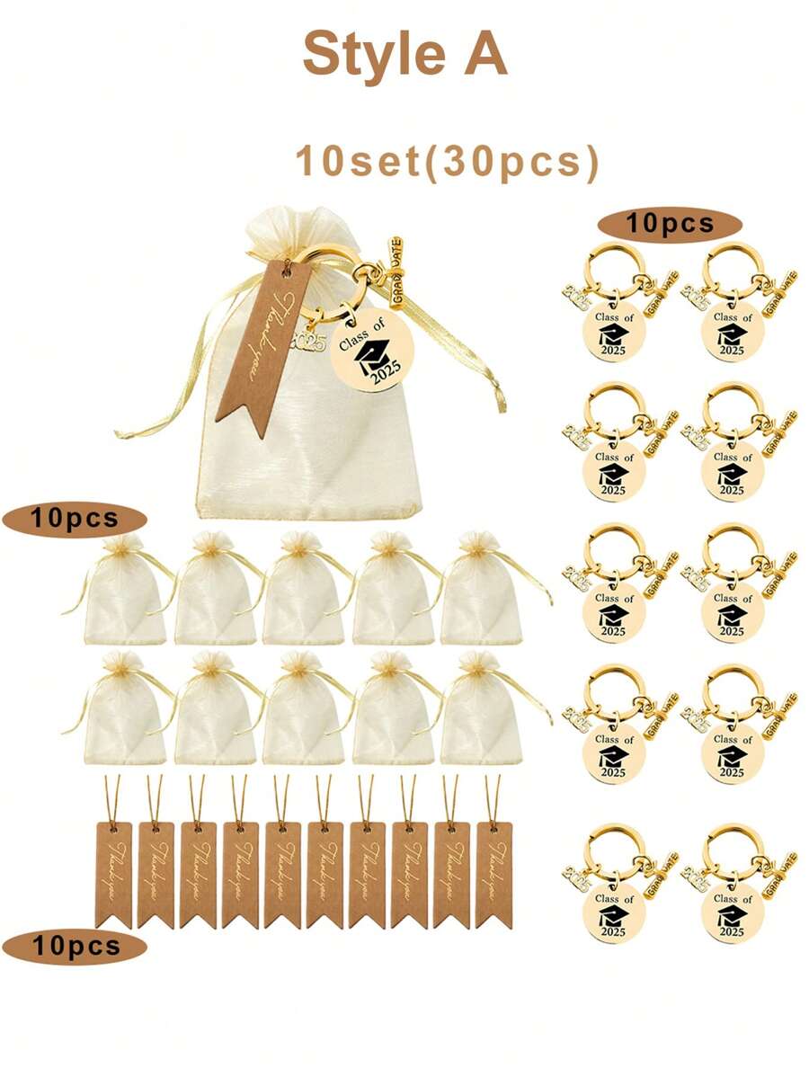 30pcs/10SET Stainless Steel Keychain Set, Simple And Elegant Design, Includes Keychain, Thank You Tags And Organza Bags,Commemorative Gift For Graduation Season, Practical, Suitable For Party Favors And Graduation Celebrations Car Accessories Bag Charm