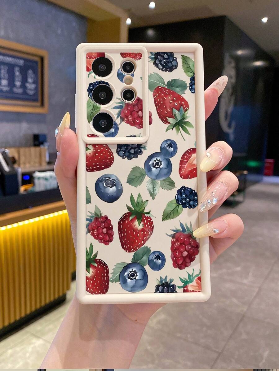 1pc Fashionable Blueberry/Strawberry Anti-Fingerprint Matte Sandstone Anti-Drop Phone Case Compatible With Apple///OPPO/Realme/Infinix