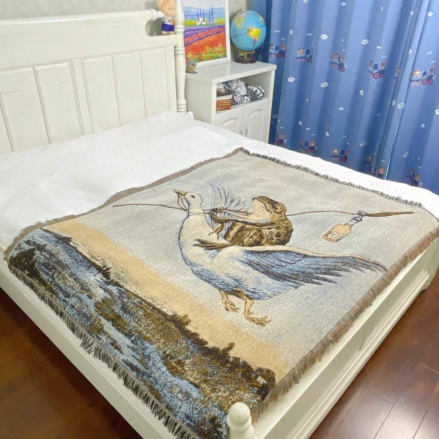 1pc Bohemian Woven Fringe Blanket With Swan And Toad Pattern, Soft Portable Picnic Mat, Bed Blanket, Sofa Throw, Camping Mat, Beach Blanket, Tear-Resistant Leisure Mat, Table Cloth, Tapestry, Machine Washable And Easy To Maintain