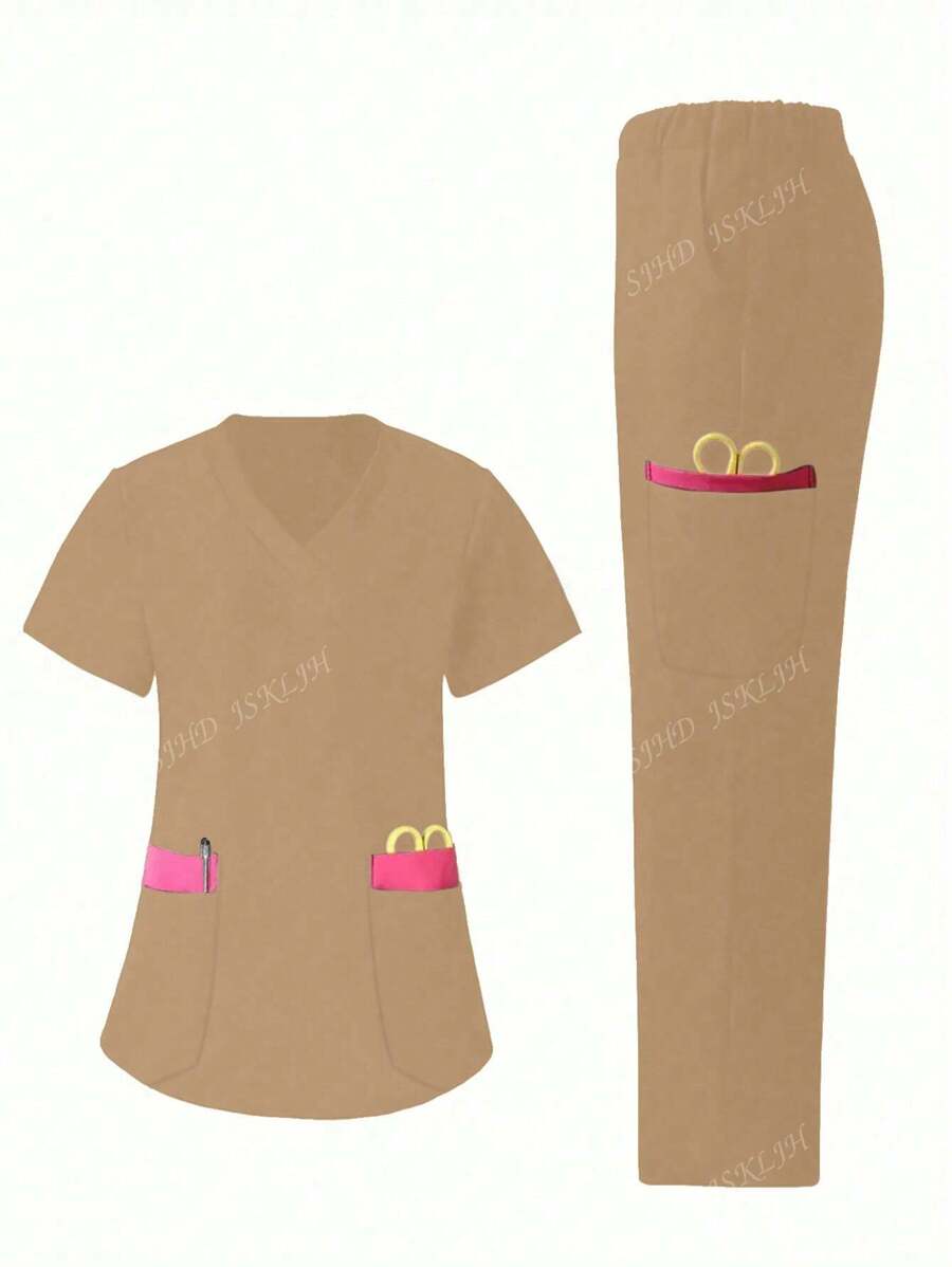 Ensemble top et pantalon femme avec col en V, manches courtes et poche, uniforme