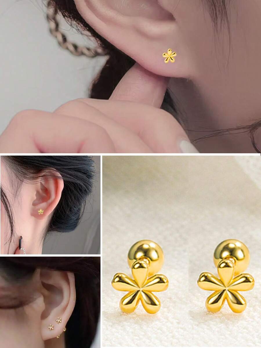 1 Pair Fashion Golden Screw Fastened Mini Flower Stud Earrings, Minimalist Design Suitable For Women's Daily Wear