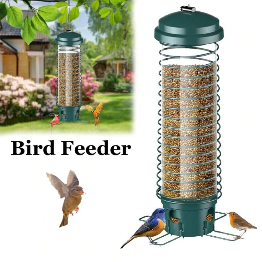 1pc Outdoor Metal Hanging Squirrel-Proof Bird Feeder - Cage Design Dispenser With 4 Feeding Ports, Easy To Refill Tube For Various Seed Types, Durable Bird Attraction Ornaments Device - For Bird Lovers & Nature Enthusiasts