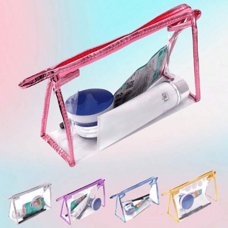 1pc Large Capacity Minimalist Transparent PVC Cosmetic Bag, With Laser Film Edging Craft - Zippered Travel Makeup Organizer, Toiletry Bag, Easy To Carry, Ideal Gift For Birthday And Christmas, Beauty Travel Pouch,For Holiday Beach, Bathroom Collection, Bedroom Collection, Large Capacity