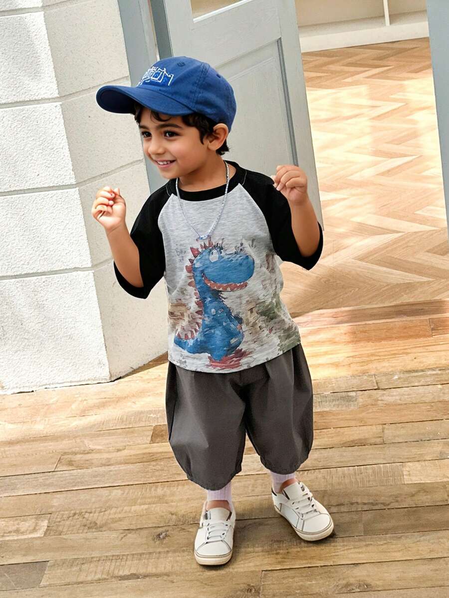 Set de 2 piezas compuesto por camiseta de manga corta con estampado de dragón de dibujos animados y pantalones cortos para niño, conjunto de verano