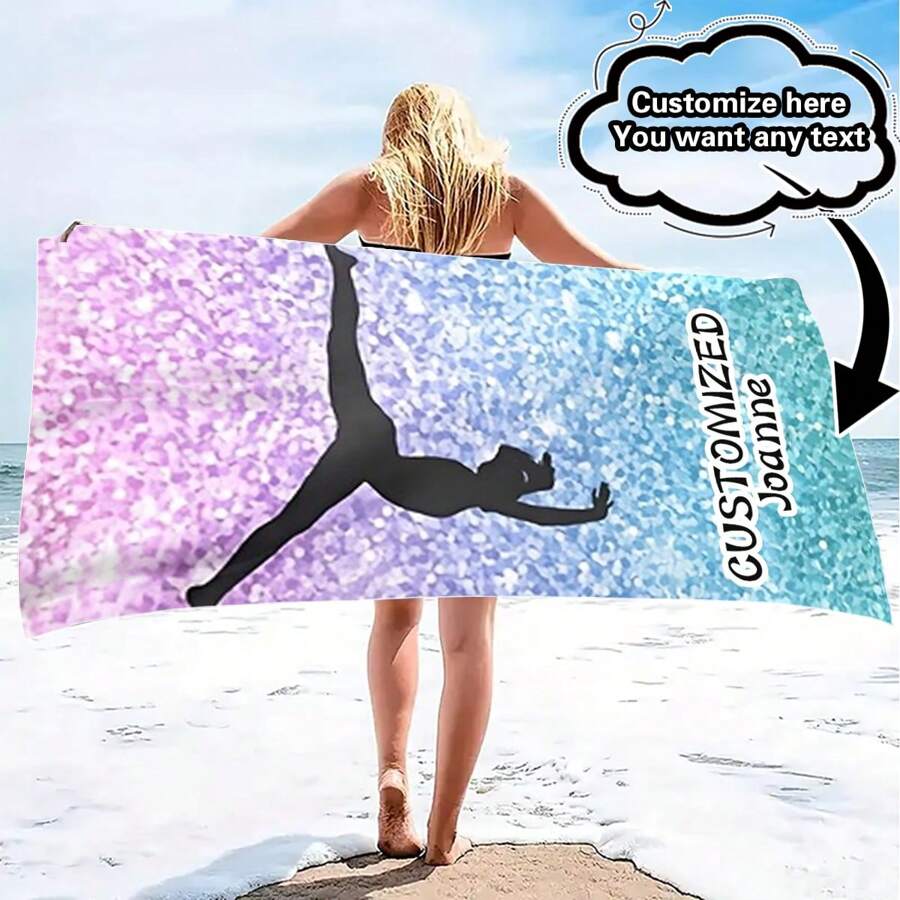 Customizable Gymnastics Athlete Silhouette Beach Towel, Modern Style, Super Soft & Fine Fiber, Quick-Drying, Non-Stick, Knitted Fabric, With Personalized Text, Suitable For Beach, Travel, Camping, Swimming Pool Bathroom Decor Summer Beach Essentials