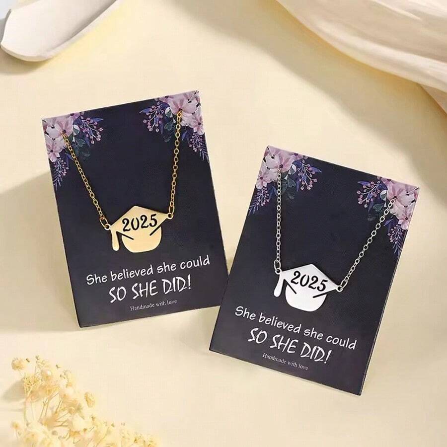 1pc Stainless Stell 2025 Graduation Necklace, Women's Simple Metal Doctoral Cap Pendant Necklace, Graduation Gift For Classmates And Friends In 2025
