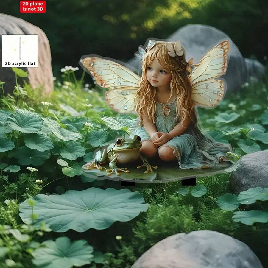 2D Flat Bohemian Style Fairy & Frog Garden Sign - 2D Outdoor Decor With Blonde Fairy In Enchanting Forest, Durable Plastic, No Batteries Needed - Perfect Housewarming Gift, Suitable For Yard, Lawn, And Patio, Frog Garden Decoration