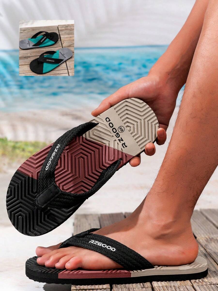 Woven Plaid Color Block EVA(Ethylene-Vinyl Acetate Copolymer) Fashion Color Block Herringbone Flip-Flops, Anti-Slip Outdoor Beach Sandals, Casual Thong Slippers For Men
