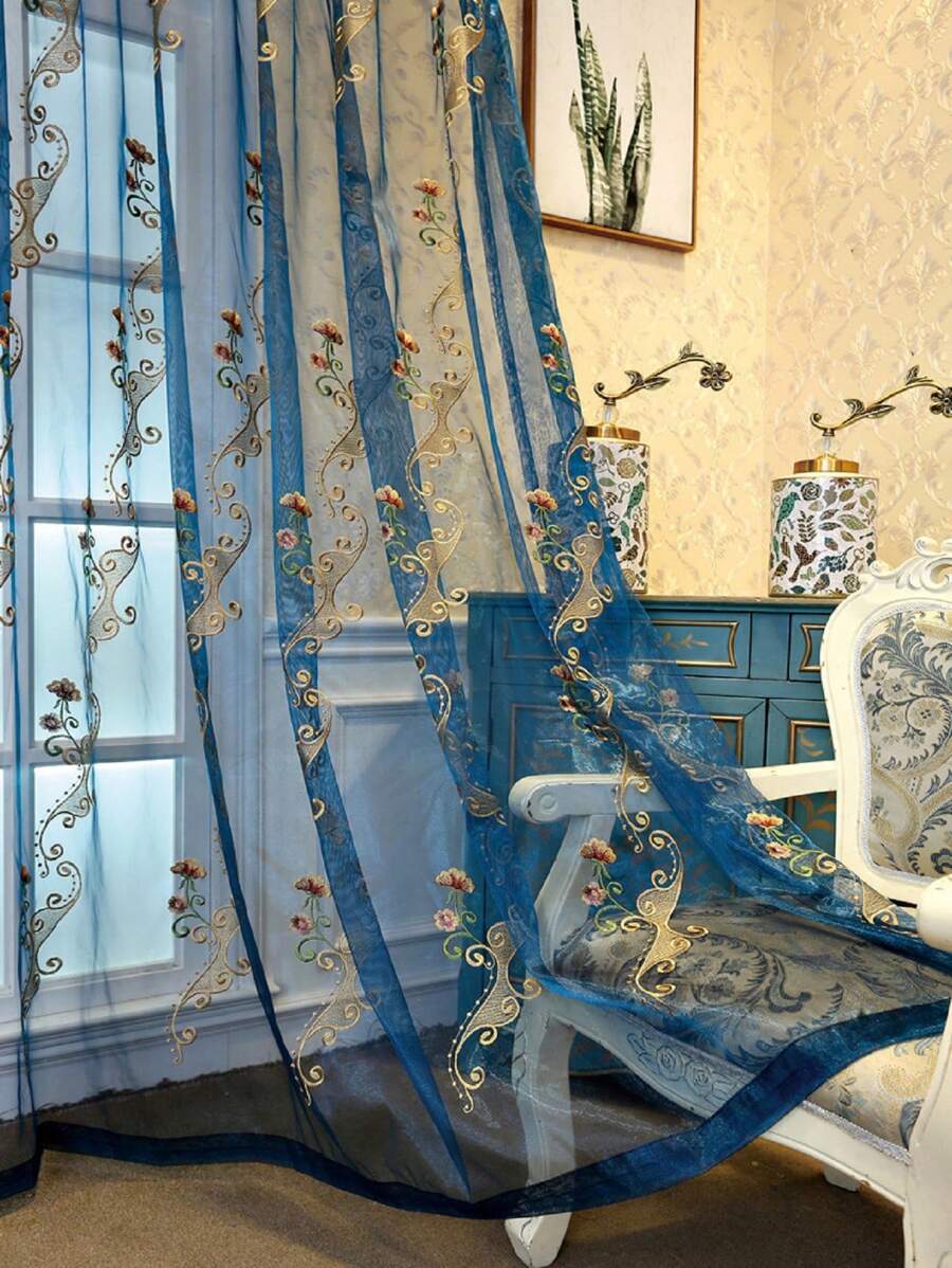 1 Stück hochwertige, bestickte europäische Blumen-Tüllgardine in Blau für Wohnzimmer oder Schlafzimmer