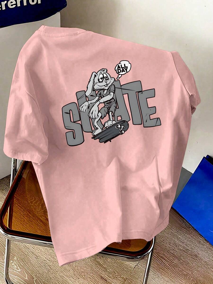 Camiseta de manga corta con cuello redondo, rosa y con estampa de conejo y letras de moda, para uso casual y para ir al trabajo