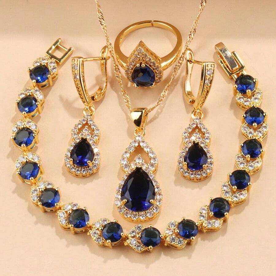 Elegant Luxury 5-Piece Jewelry Set: Synthetic Zirconia Teardrop Earrings, Pendant, Bracelet, Ring, Necklace - 18K Golden Plated Copper - Wedding, Christmas, All-Season Gift For Her