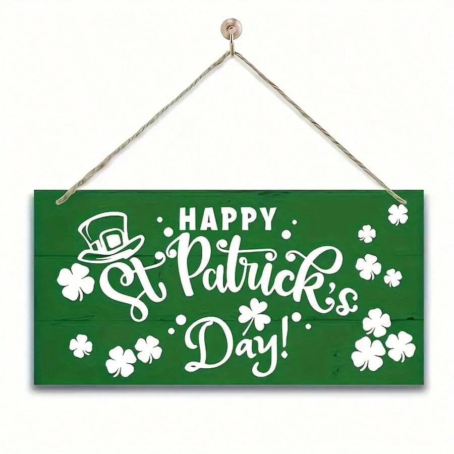 1pc Happy St. Patrick's Day Wooden Decor Sign - Farmhouse Wall Art With Green Clover Design, For Holiday Home And Party Decoration, Vacation Home Decor | Clover Themed | Twine Hanging Capability, Boho Style Decor