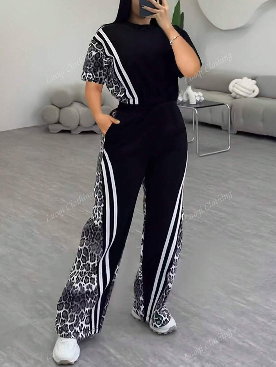 New Casual Comfy Leopard Print Round Neck Short Sleeve Top & High Waist Pocket Straight Leg Pants Set, Spring/Summer