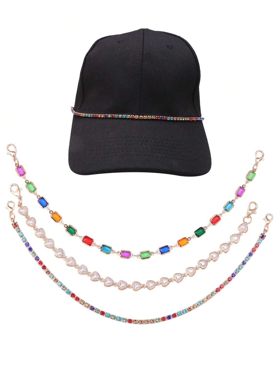 1pc Bling Crystal & Pearl PU Rope Metal Chain Hat Strap Charm, Fashionable Versatile Hat Accessories
