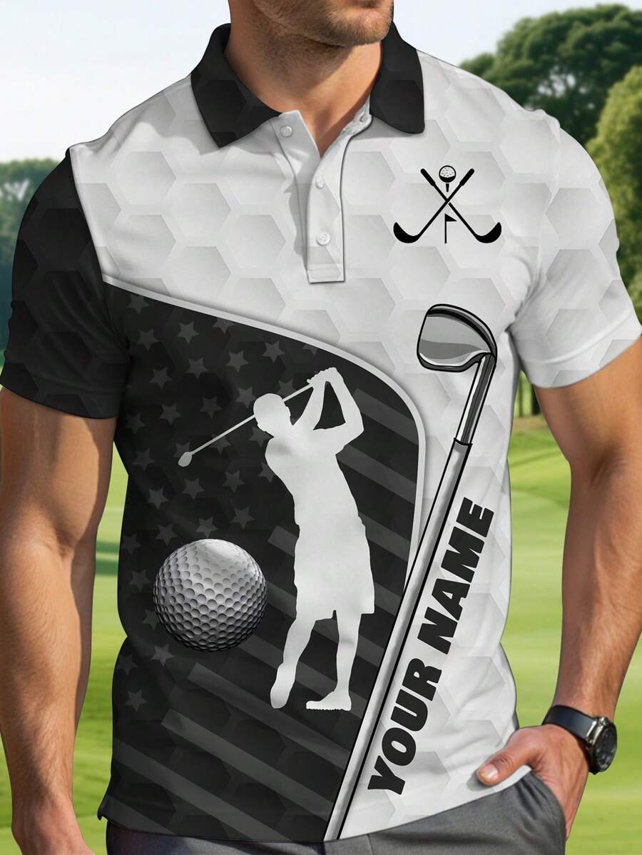 Custom Short Sleeve Men's Polo, Golf Sports Polo Customized Name, Summer Casual Outfit For Golf, Button Casual Short Sleeve Polo Shirt For Summer