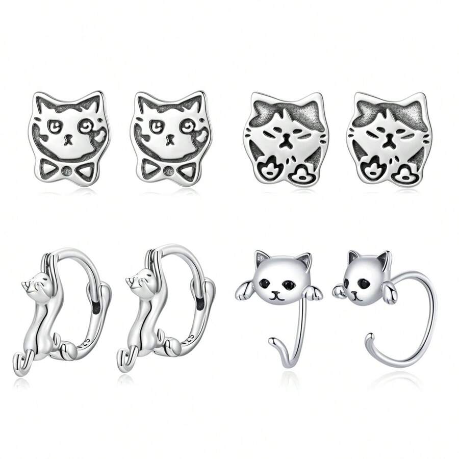 1 paire de boucles d'oreilles à tige en argent sterling 925 mignonnes en forme de chat, boucles d'oreilles à anneau pour animaux de compagnie pour fille femme, bijoux pour fête, cadeau d'anniversaire