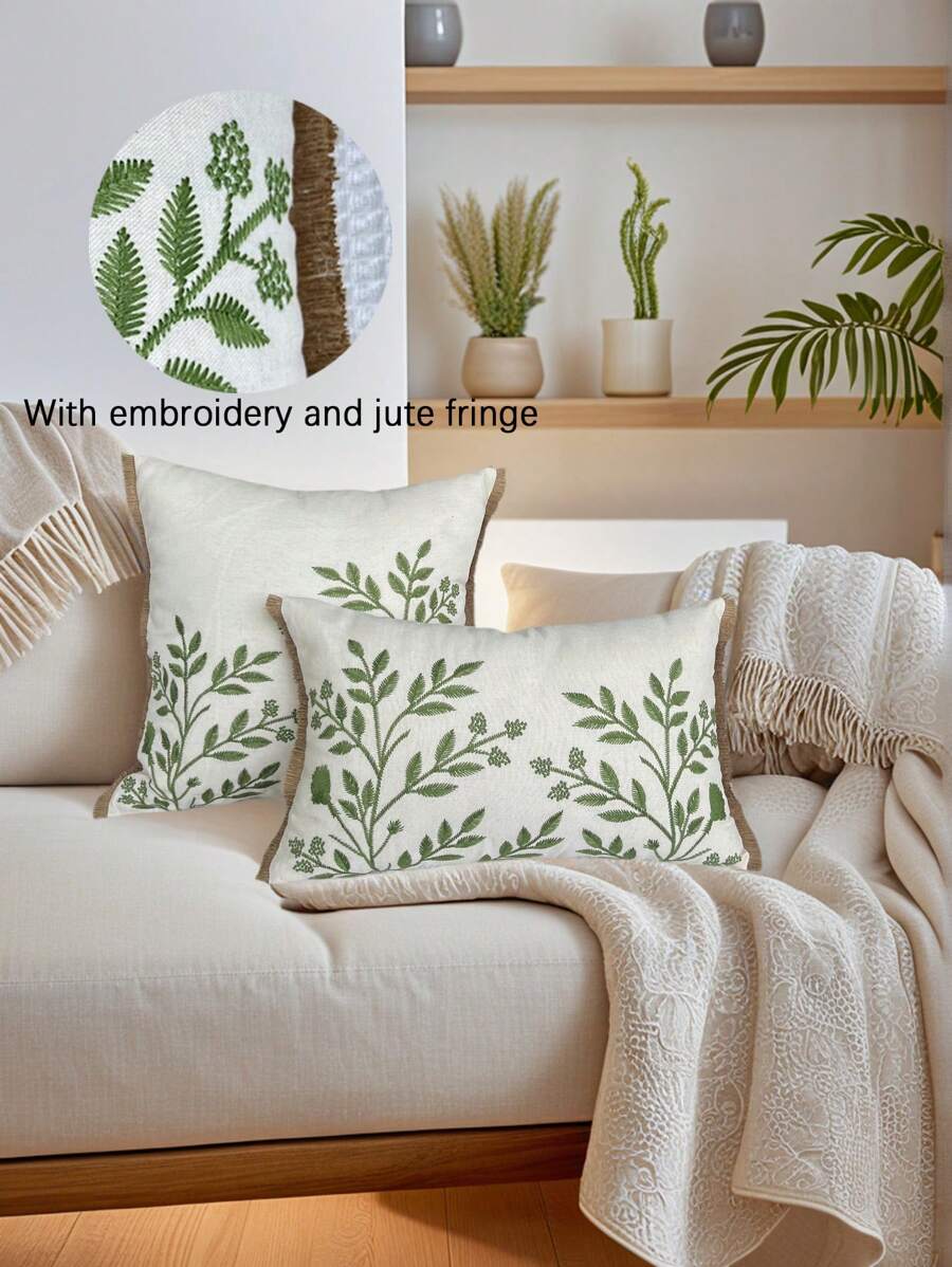 1pc Green Leaves Embroidery Throw Pillow Cover, Embroidered Leaf Cushion Covers For Bedroom Bed, Living Room Couch & Sofa , Furniture, Benches, Porch Home Decor, Patio, Car, No Pillow Insert