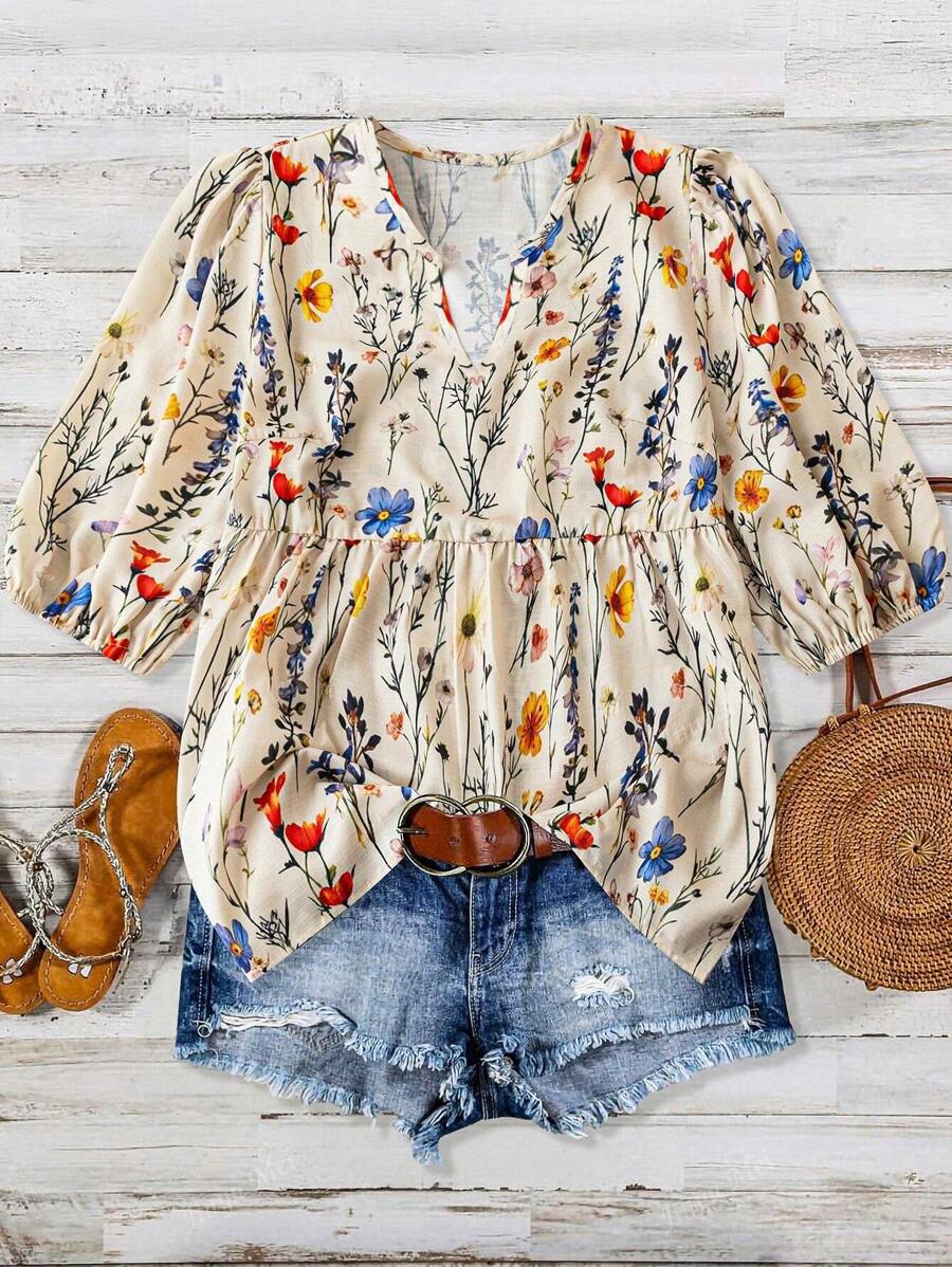 Women's Fashion Print V-Neck Puff Sleeve Elastic Cuff Casual Blouse