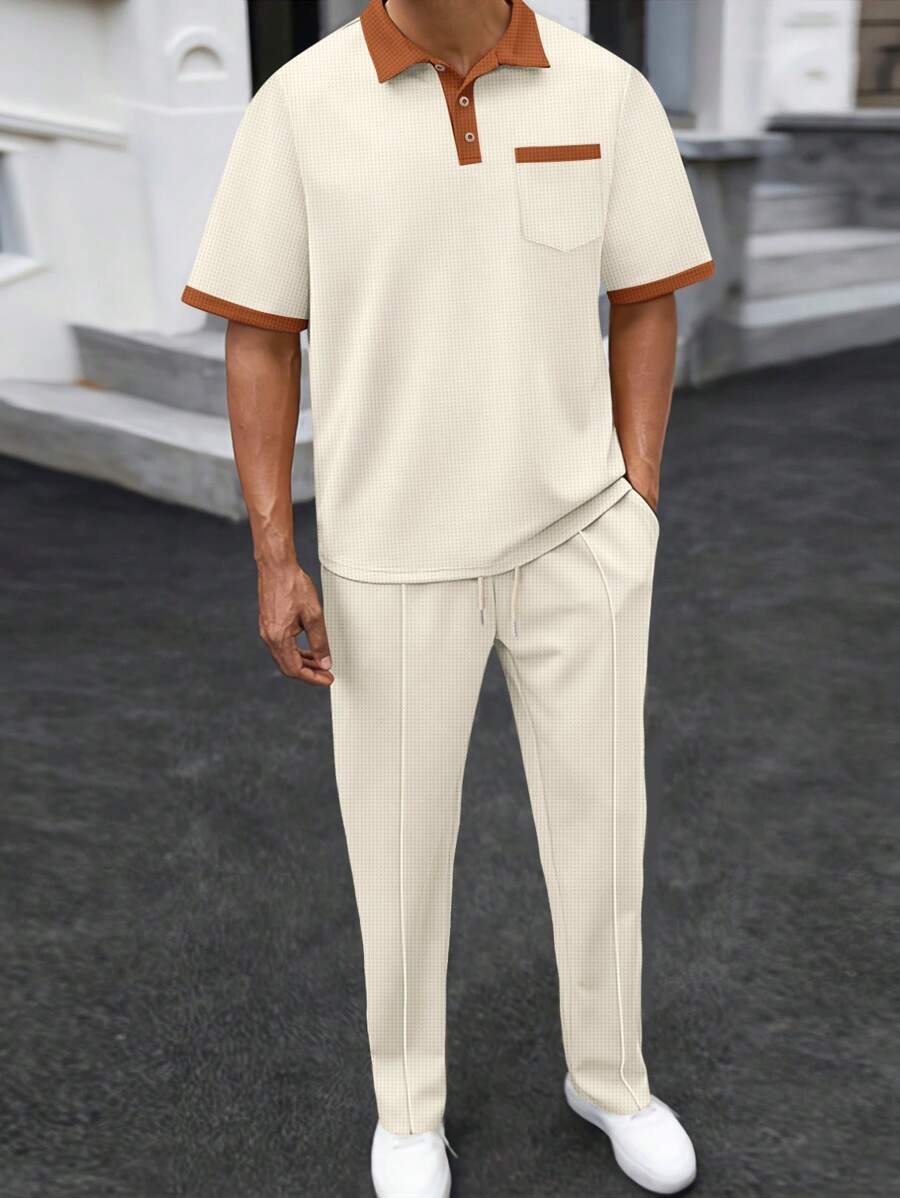 2 pièces Ensemble de sport pour homme, polo à manches courtes casual + pantalon long, tenue de sport à design patchwork mode