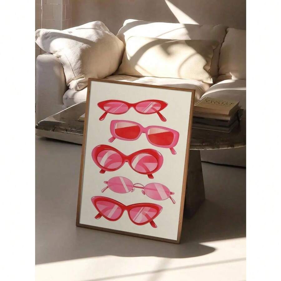 1 stuk roze zonnebril kunstdruk, kamerdecoratie wandkunst, Deense pastels, perfecte woondecoratie cadeau-ideeën, wandposters voor thuis zonder lijst
