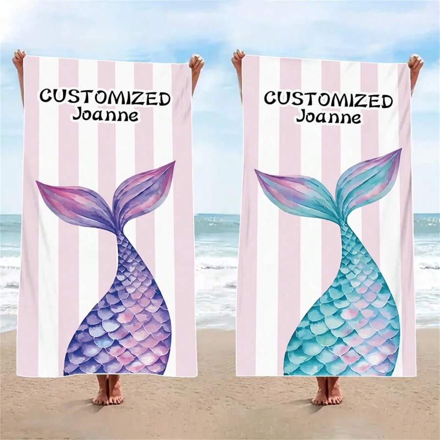 1pc Creative, Fashionable, High-Quality Beautiful Mermaid Tail Design, Customizable Name, Ultra-Soft Beach Towel, Suitable As A Gift For Loved Ones, Super Lightweight, Quick-Drying Beach Towel, Essential For Travel, Camping, Beach, Swimming Pool, Suitable For Boys And Girls. Bathroom Decor Summer Beach Essentials