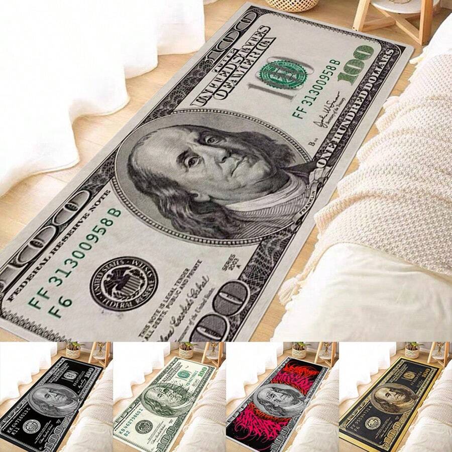 1pc Interesting Portrait & Dollar Bill Pattern Rug, Modern Creative Cartoon INS Style American Elements Rectangle Soft Area Carpet, Applicable For Outdoor, Entrance, Living Room, Bedroom, Laundry Room, Bathroom, Game Room, Washable All Season Bedside Mat, Home Decor