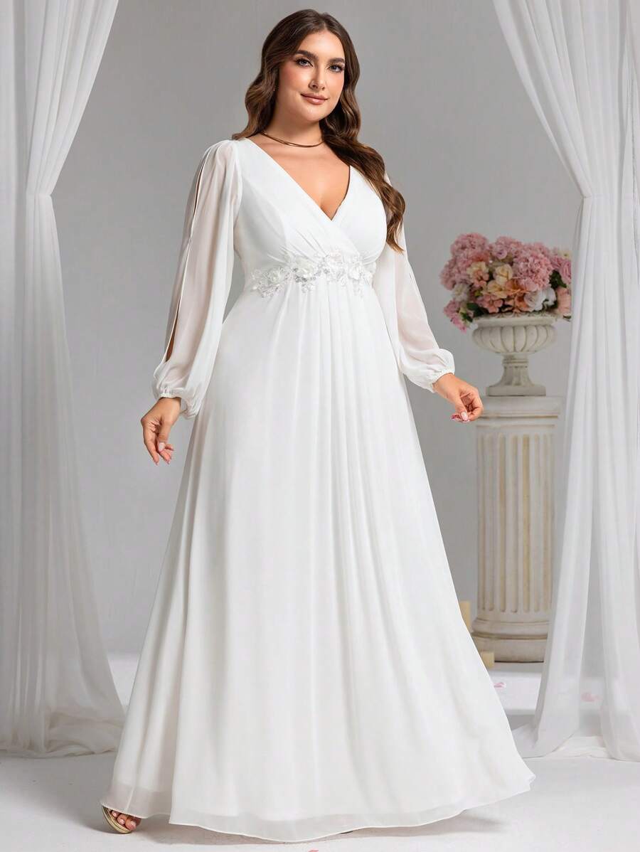 EVER-PRETTY Plus Applicaties Ritssluiting op de rug Lange mouwen Bruidsdouchejurk Wit Elegante Formele Avond Prom Bruiloftsgastjurk, Voor Afstuderen, Diner