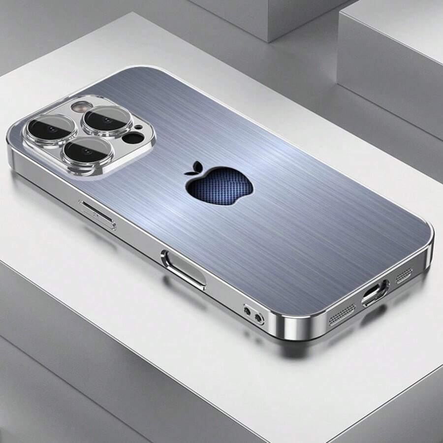 1 pieza Funda de teléfono de material de vidrio metálico con diseño de manzana, de alta calidad y elegante para