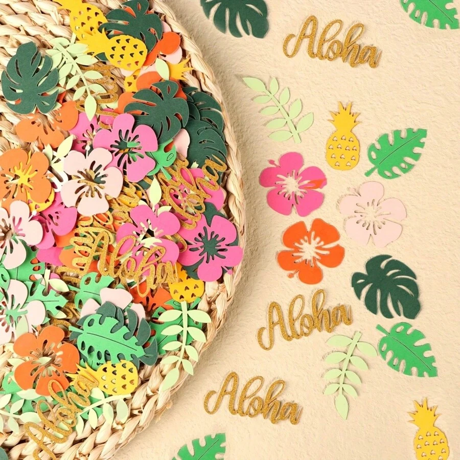 100pcs/200pcs Summer Hawaii Hula Skirt Tabletop Decorations, Tropical Flower, Palm Leaf, Pineapple Confetti For Summer Hawaiian Party Decor