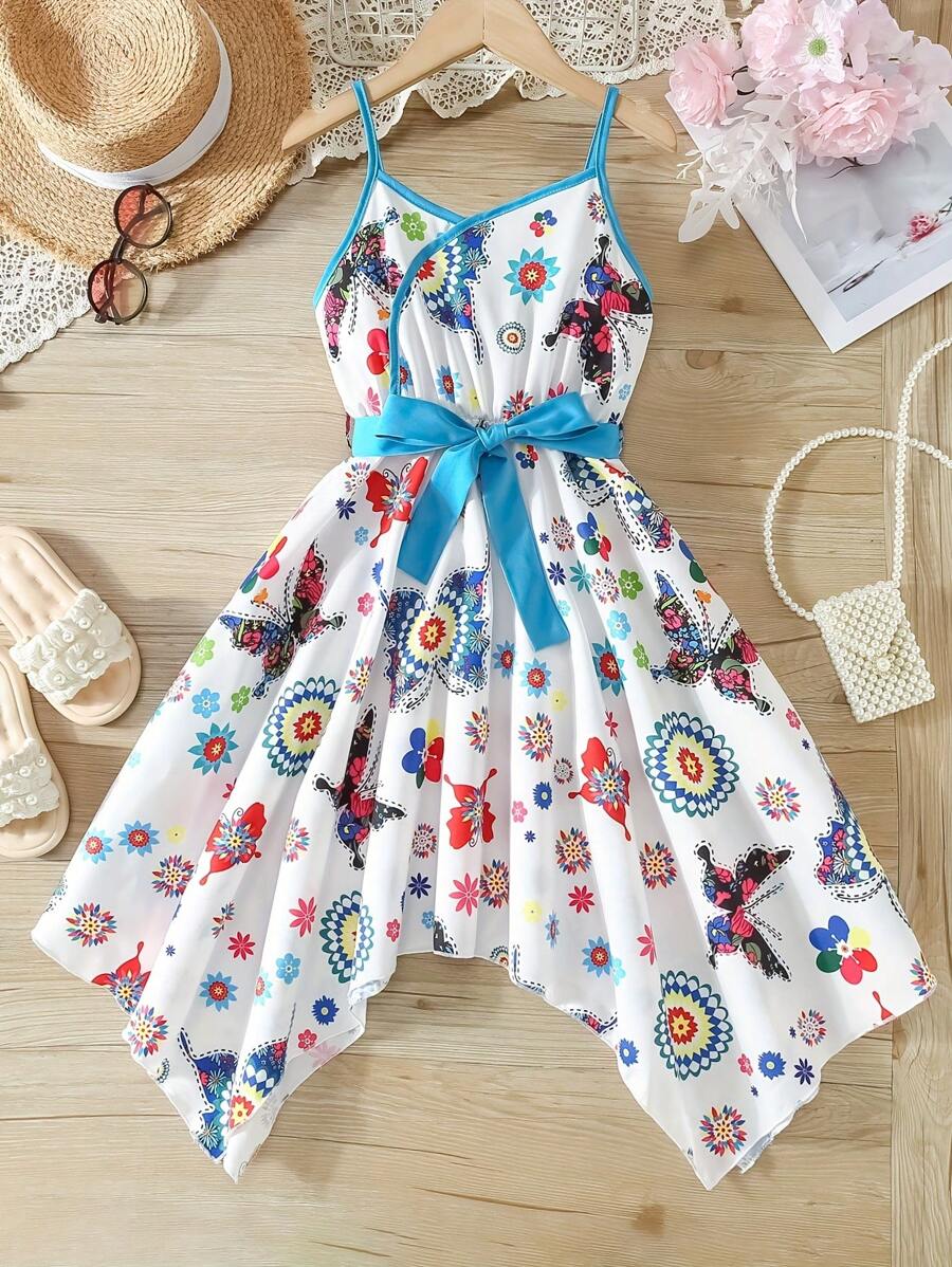 Tween Girl Irregular Hem Camisole Tie Waist Colorblock & Floral Print Dress