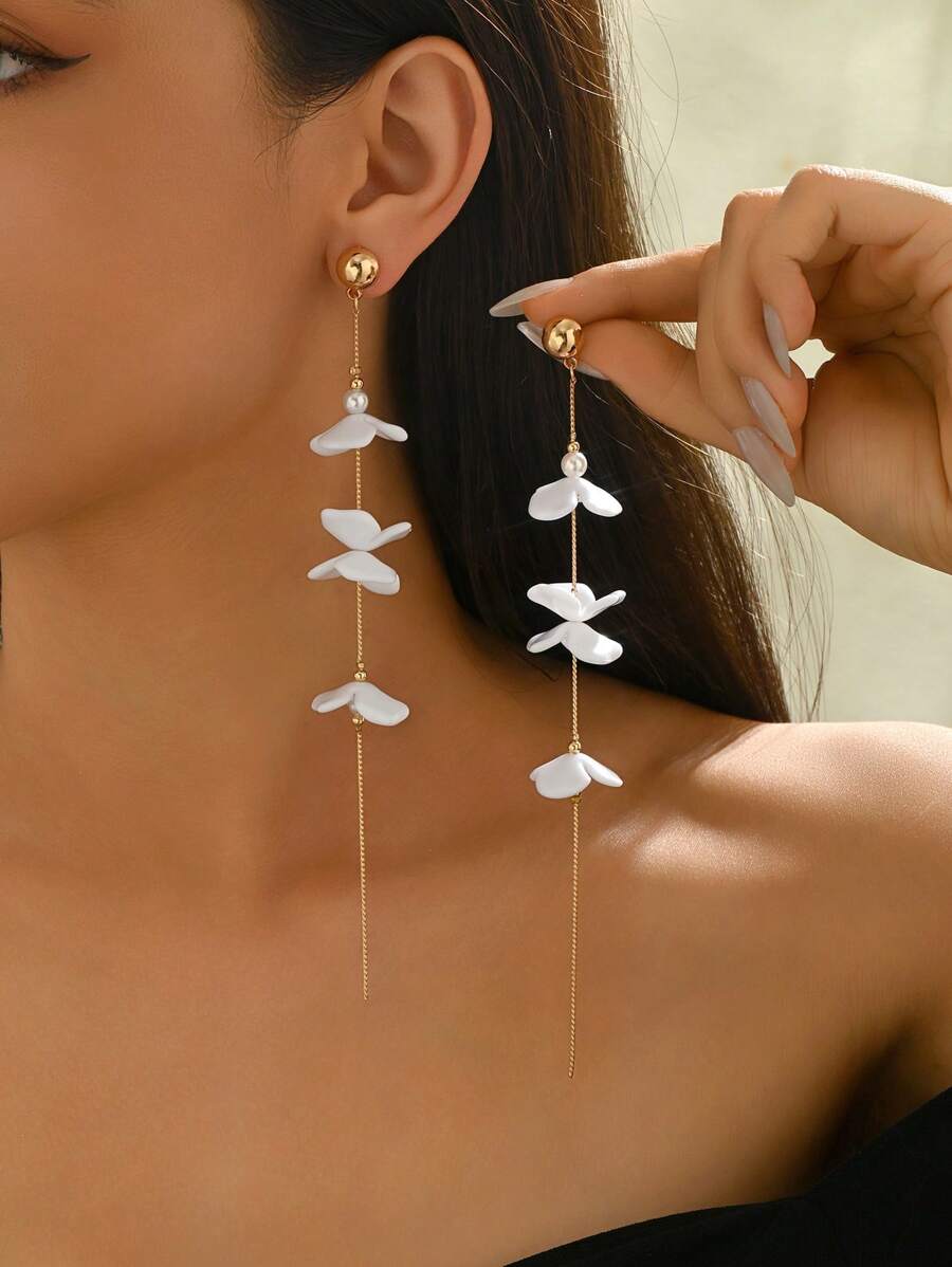 1 par de pendientes colgantes con flecos y decoración floral, elegantes y versátiles, de moda para el verano