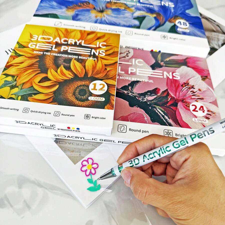12/24/48pcs 3D Acrylic Gel Pen Waterproof Painting Marker Pen Drawing Gel Liners Quick Dry Pen For Wood, Canvas, Stone, Rock Painting, Nail, Glass, Ceramic Surfaces, Crafts Making Art Supplies Back To School
