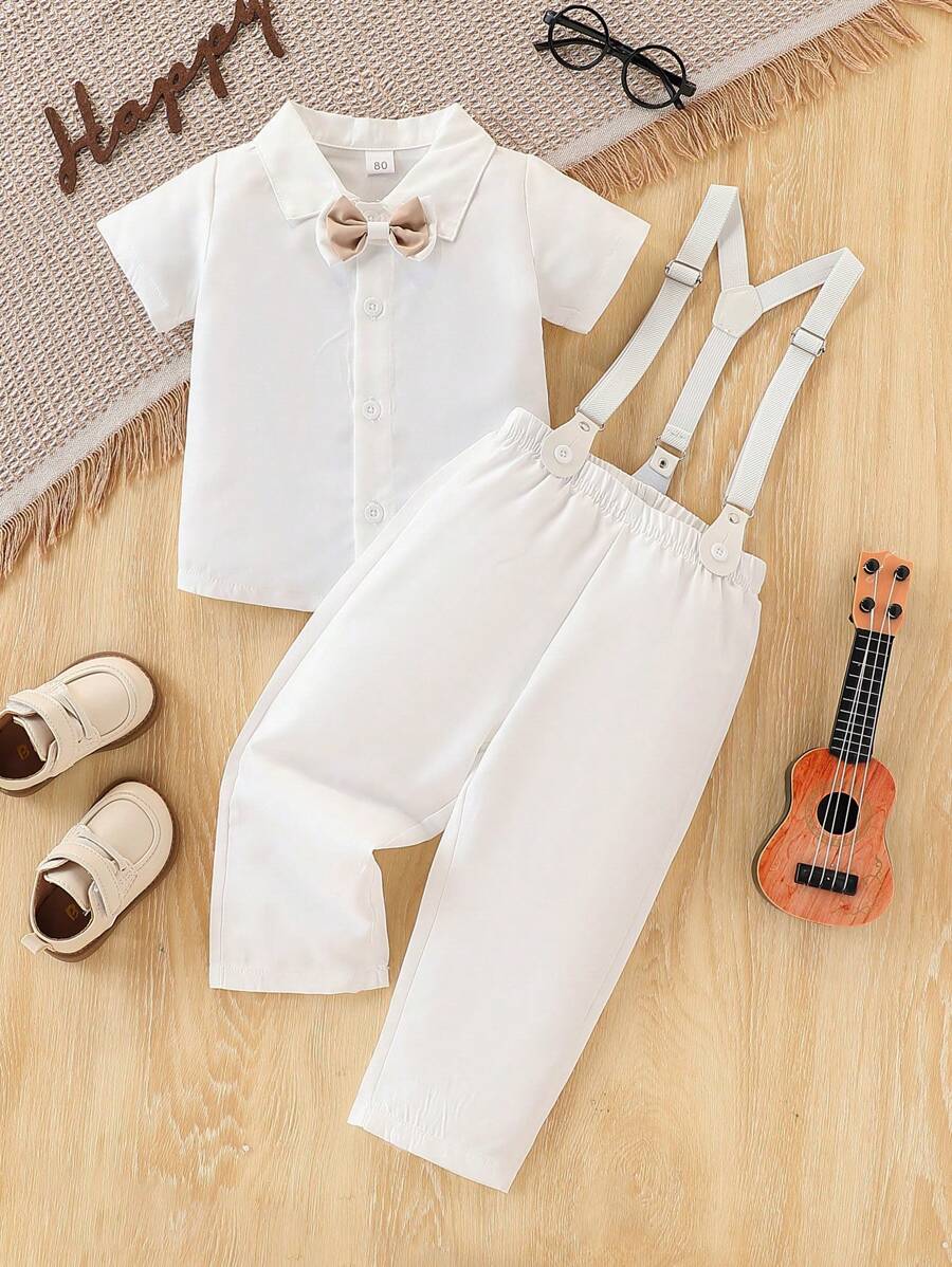 1set Baby Boy White Short Sleeve Shirt + Bib Pants Baptism Suit, Gentlemen Outfit