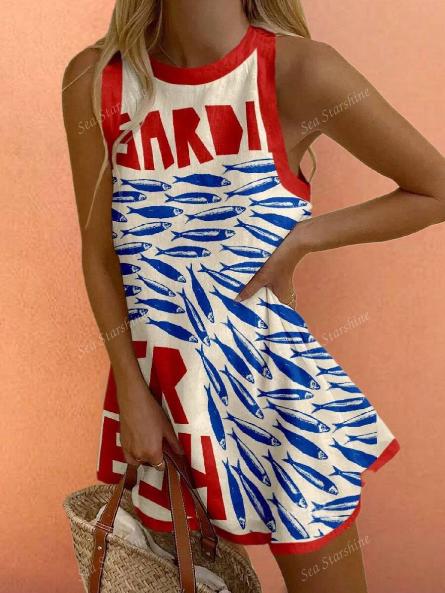 Abito estivo casual da donna in stile bohémien per vacanze, con fantasia vivace a contrasto di colori, stampa di lettere e motivi marini, senza maniche, scollo tondo, adatto per brunch