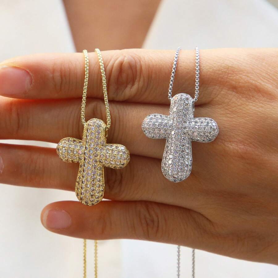 Fashionable Brass Fully Rhinestoned Bubble Cross Pendant Necklace, Elegant Collar Bone Necklace, Premium Jewelry